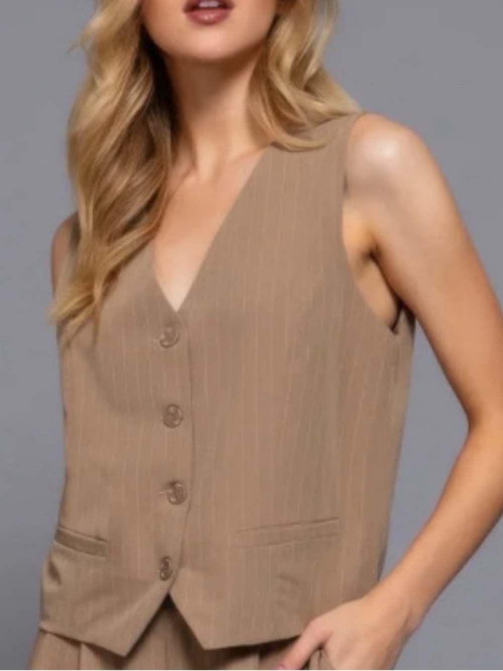 Pinstripe Vest in Heather Taupe and White: Size Small